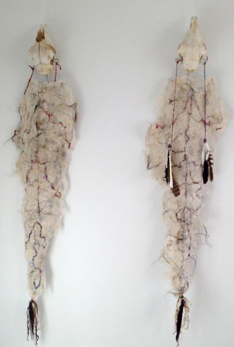Sheep skulls, feathers, wire, felted lambs fleece, human hair and wool made of old saris from Nepal - 2012