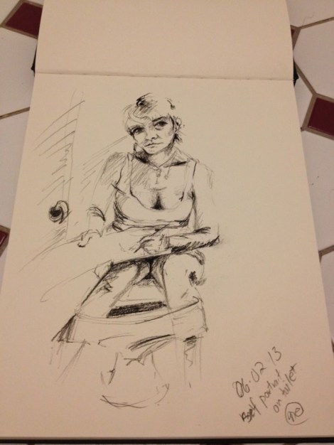 "Self portrait on toilet." 2013 pencil on paper. A hotel I stayed in had a full length mirror opposite the toilet - it was a new perspective to view myself in - so I made use of it.